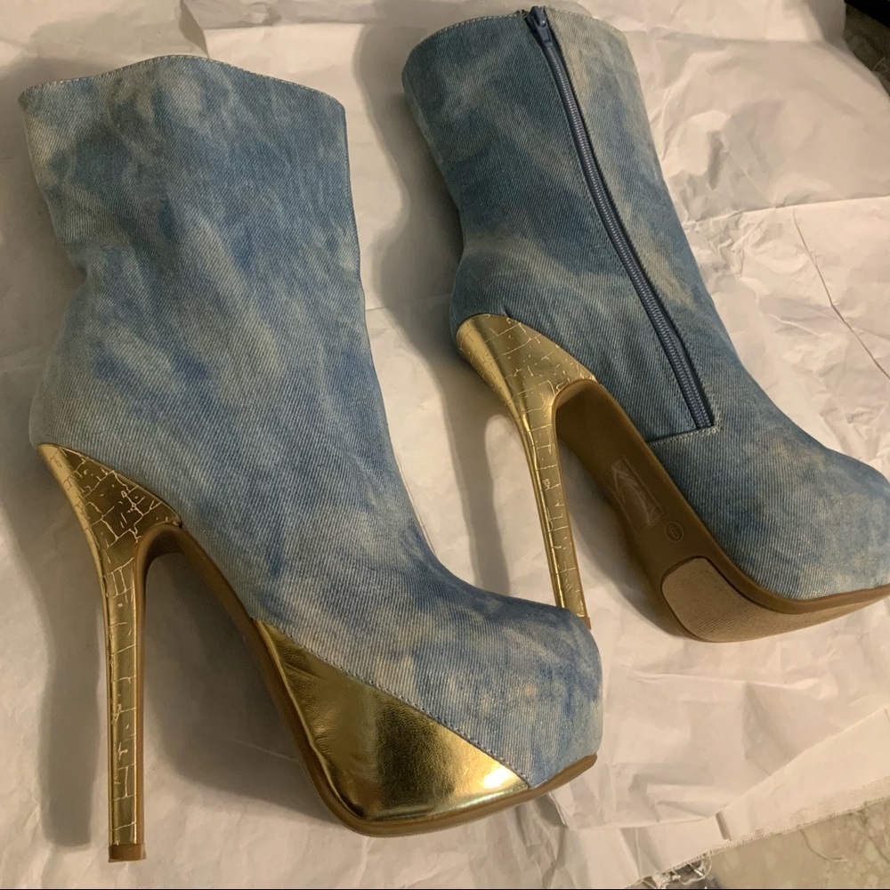 Stylish Blue and Gold Women's High Heel Boots